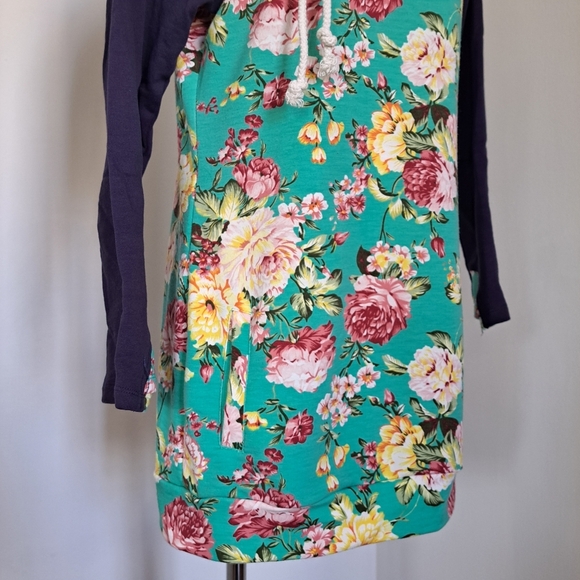 Vanilla Bay Floral Mini Dress with Hood - Teal and Purple - Picture 4 of 13